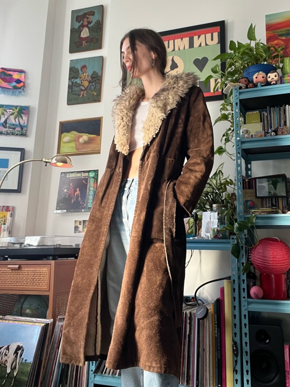 60s Brown Suede Long Trench with Shearling Collar and Fur Lining